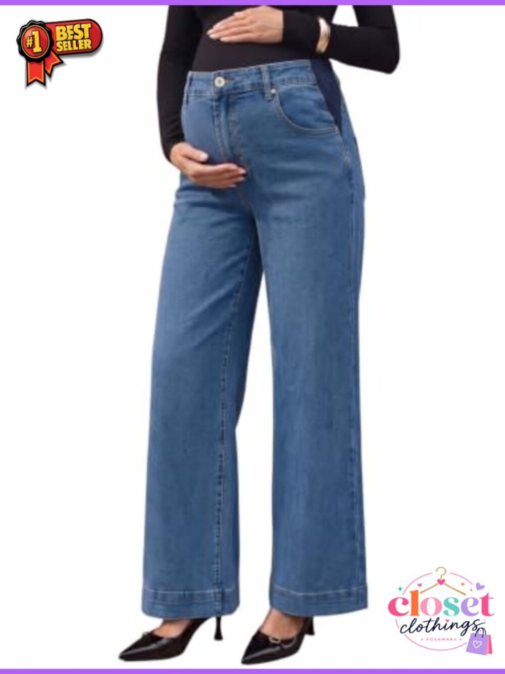 Wide Leg Maternity Jeans High Rise Stretch Pregnancy Work Pants